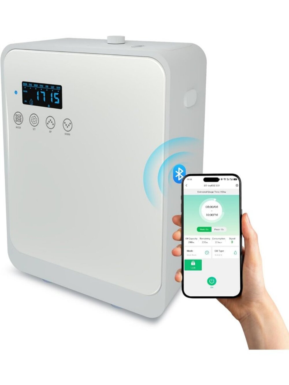 Bluetooth Essential Oil Diffuser - Waterless, App-Controlled, 2000 SQ FT, White